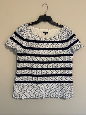 Talbots Navy & White Floral Eyelet Stripe Tee
